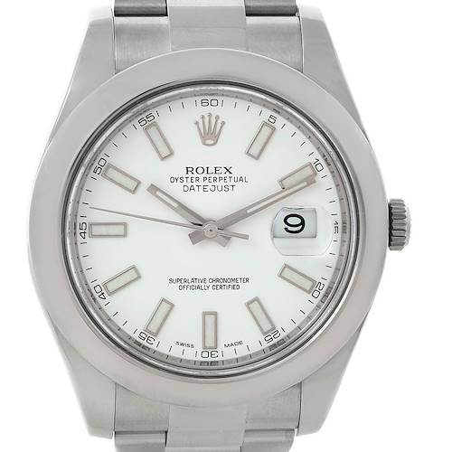 The image shows a front view of a Rolex Datejust 41 116300 Men's Stainless Steel White Dial 116300 Men's Stainless Steel White Dial with a white dial and the date displayed through a magnified lens.