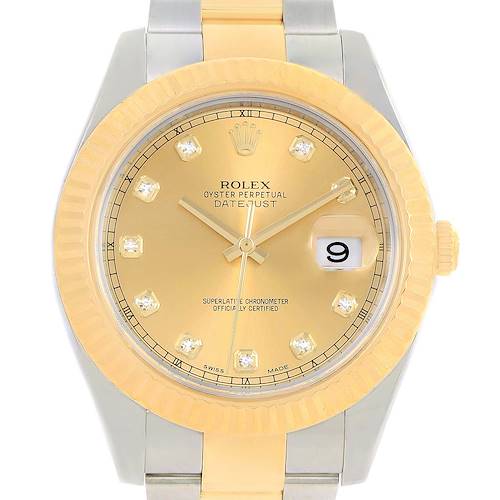 This is a frontal view of the Rolex Datejust 41 116333 Men's Steel and Gold (two tone) Champagne Dial 116333 Men's Steel and Gold (two tone) Champagne Dial watch, showcasing its gold dial, date display, and diamond hour markers.