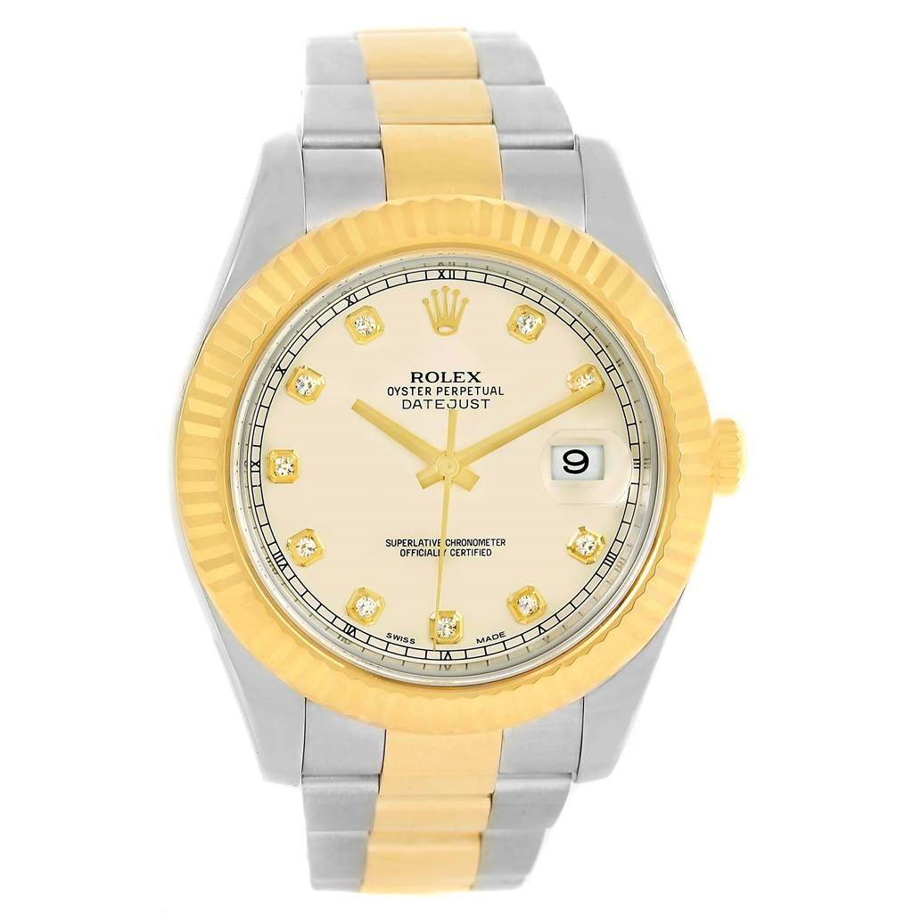 The image shows a front view of a Rolex Datejust 41 116333 Men's Steel and Gold (two tone) Beige Dial 116333 Men's Steel and Gold (two tone) Beige Dial watch, featuring a two-tone bracelet and fluted bezel.