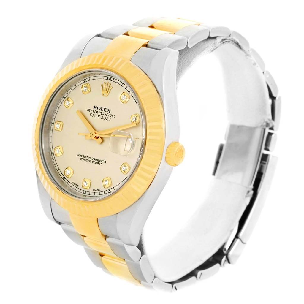 The image shows a Rolex Datejust 41 116333 Men's Steel and Gold (two tone) Beige Dial 116333 Men's Steel and Gold (two tone) Beige Dial watch at a three-quarter angle, highlighting its two-tone bezel and bracelet with a champagne dial.