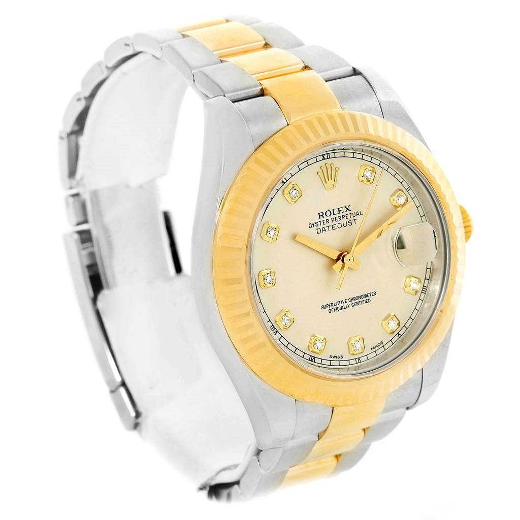 The image depicts a Rolex Datejust 41 116333 Men's Steel and Gold (two tone) Beige Dial 116333 Men's Steel and Gold (two tone) Beige Dial watch showcasing its face, bezel, and bracelet at an angled view.