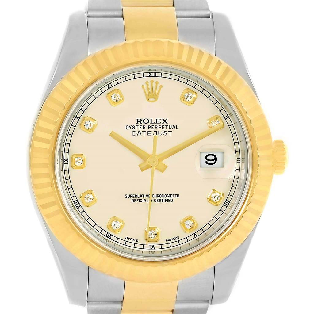 This image shows a front view of the Rolex Datejust 41 116333 Men's Steel and Gold (two tone) Beige Dial 116333 Men's Steel and Gold (two tone) Beige Dial watch, highlighting the dial, bezel, and part of the bracelet.