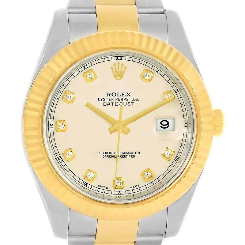 This image shows a front view of the Rolex Datejust 41 116333 Men's Steel and Gold (two tone) Beige Dial 116333 Men's Steel and Gold (two tone) Beige Dial watch, highlighting the dial, bezel, and part of the bracelet.