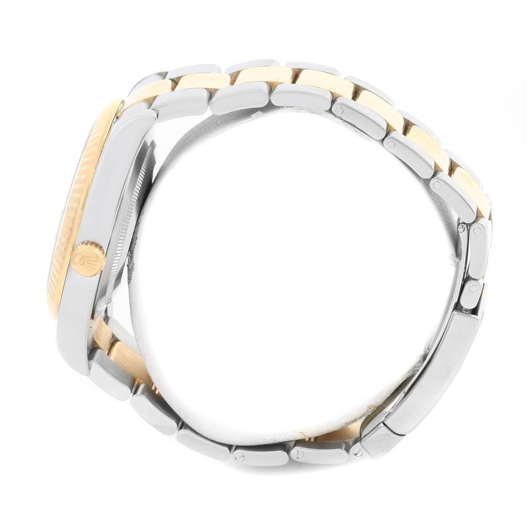 The image shows a side view of a Rolex Datejust 41 116333 Men's Steel and Gold (two tone) Beige Dial 116333 Men's Steel and Gold (two tone) Beige Dial, highlighting its case, crown, and two-tone bracelet.