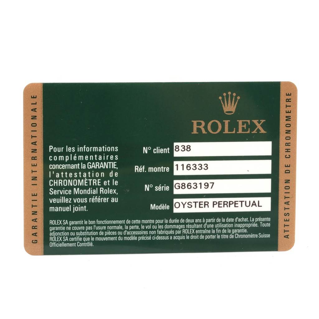 The image shows an international warranty card for the Rolex Datejust 41 116333 Men's Steel and Gold (two tone) Beige Dial 116333 Men's Steel and Gold (two tone) Beige Dial model.