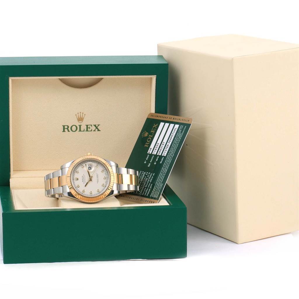 The Rolex Datejust 41 116333 Men's Steel and Gold (two tone) Beige Dial 116333 Men's Steel and Gold (two tone) Beige Dial watch is displayed inside its open box, with the warranty card partially visible.