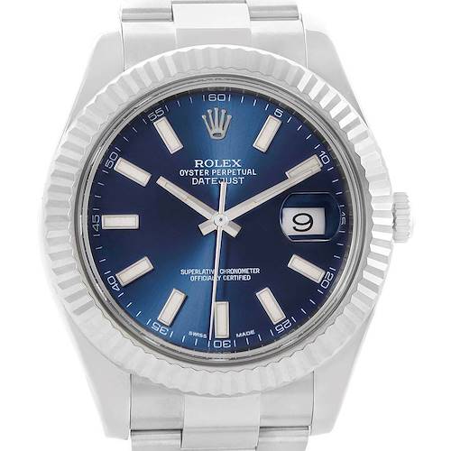 The image shows a front view of the Rolex Datejust 41 116334 Men's Stainless Steel Blue Dial 116334 Men's Stainless Steel Blue Dial watch, highlighting its blue dial, fluted bezel, and bracelet.