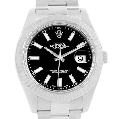 The image shows a front view of the Rolex Datejust 41 116334 Men's Stainless Steel Black Dial 116334 Men's Stainless Steel Black Dial watch, highlighting its dial, fluted bezel, hands, and bracelet.