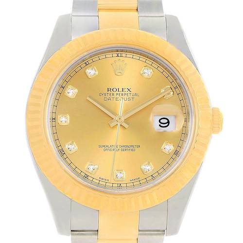 This image shows a front view of the Rolex Datejust 41 116333 Men's Steel and Gold (two tone) Champagne Dial 116333 Men's Steel and Gold (two tone) Champagne Dial watch, showcasing its yellow dial, date window, and part of the bracelet.