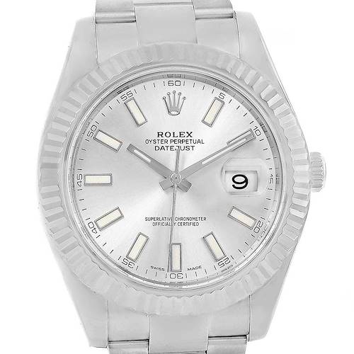 The image shows a front view of a Rolex Datejust 41 116334 Men's Stainless Steel Silver Dial 116334 Men's Stainless Steel Silver Dial watch, including the dial, bezel, crown, and bracelet.
