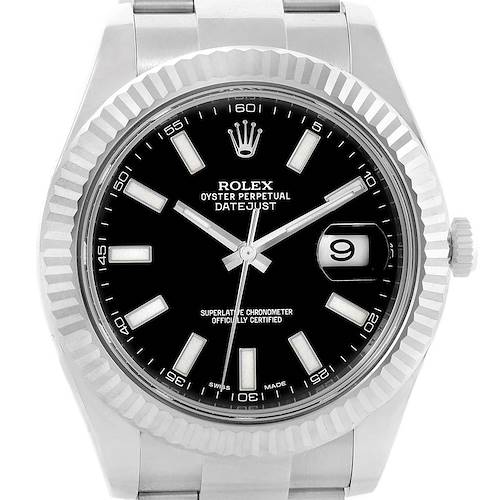 This is a front view of the Rolex Datejust 41 116334 Men's Stainless Steel Black Dial 116334 Men's Stainless Steel Black Dial watch, showing the black dial, date display, and fluted bezel.