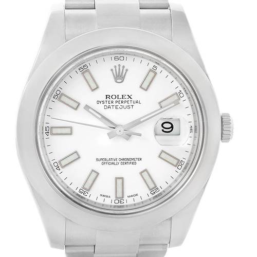 This Rolex Datejust 41 116300 Men's Stainless Steel White Dial 116300 Men's Stainless Steel White Dial watch is shown from a front-facing angle, highlighting its silver dial, hour markers, hands, and date window.