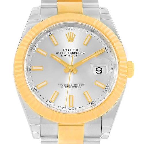 This is a front view of the Rolex Datejust 41 126333 Men's Steel and Gold (two tone) Silver Dial 126333 Men's Steel and Gold (two tone) Silver Dial watch, showing the face, bezel, and part of the bracelet.