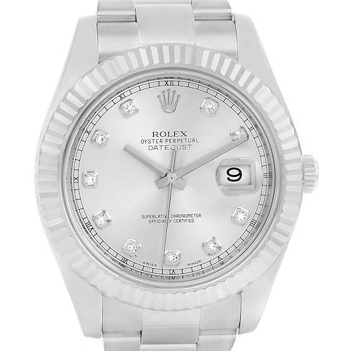 The image shows a front view of a Rolex Datejust 41 116334 Men's Stainless Steel Silver Dial 116334 Men's Stainless Steel Silver Dial, highlighting its dial, bezel, and bracelet.