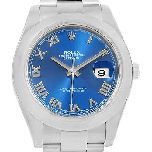 The image shows a front view of the Rolex Datejust 41 116300 Men's Stainless Steel Blue Dial 116300 Men's Stainless Steel Blue Dial watch, displaying its blue dial, Roman numerals, date window, and stainless steel case.