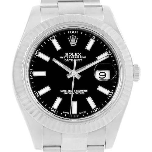 This image shows a front view of a Rolex Datejust 41 116334 Men's Stainless Steel Black Dial 116334 Men's Stainless Steel Black Dial watch with a black dial and date display.