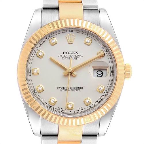 This image shows a frontal view of the Rolex Datejust 41 116333 Men's Steel and Gold (two tone) Silver Dial 116333 Men's Steel and Gold (two tone) Silver Dial, highlighting its dial, bezel, crown, and portions of the bracelet.