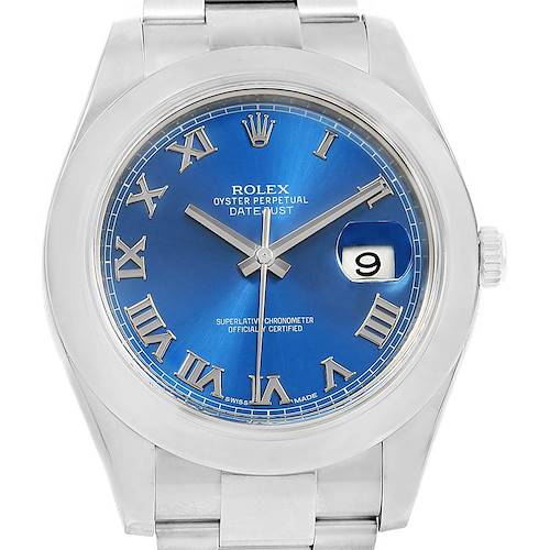 This image shows the front view of a Rolex Datejust 41 116300 Men's Stainless Steel Blue Dial 116300 Men's Stainless Steel Blue Dial watch with a blue dial, Roman numerals, and a date window at 3 o'clock.