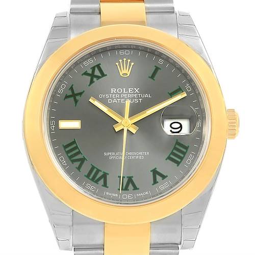 The image shows a front view of the Rolex Datejust 41 126303 Men's Steel and Gold (two tone) Grey Dial 126303 Men's Steel and Gold (two tone) Grey Dial, displaying its dial, bezel, crown, and part of the bracelet.