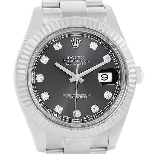 This image shows a frontal view of the Rolex Datejust 41 116334 Men's Stainless Steel Grey Dial 116334 Men's Stainless Steel Grey Dial watch, featuring its dark dial, diamond hour markers, and date window.