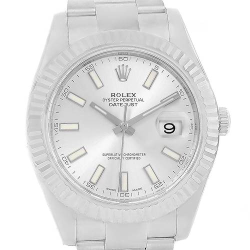 The image shows a front view of the Rolex Datejust 41 116334 Men's Stainless Steel Silver Dial 116334 Men's Stainless Steel Silver Dial, highlighting its dial, date window, bezel, and part of the bracelet.