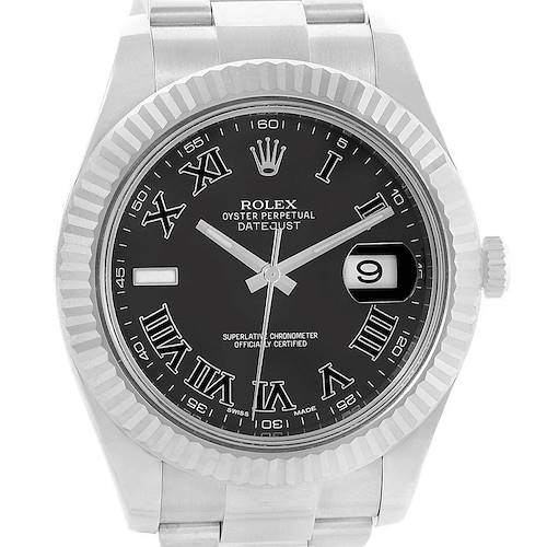 The image shows a front view of the Rolex Datejust 41 116334 Men's Stainless Steel Grey Dial 116334 Men's Stainless Steel Grey Dial watch, highlighting its dial, hands, crown, and date window.