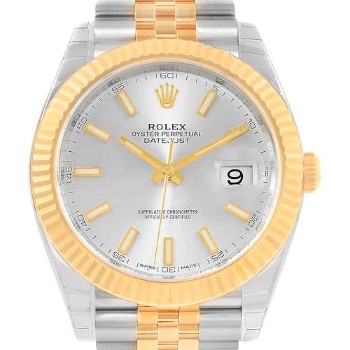 The image shows a front view of the Rolex Datejust 41 126333 Men's Steel and Gold (two tone) Silver Dial 126333 Men's Steel and Gold (two tone) Silver Dial model, featuring its dial, hands, bezel, and part of the bracelet.