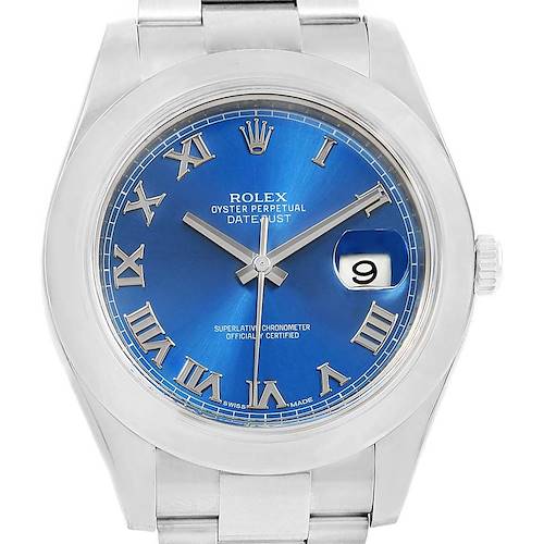 The image shows a frontal view of a Rolex Datejust 41 116300 Men's Stainless Steel Blue Dial 116300 Men's Stainless Steel Blue Dial watch, highlighting its blue dial, Roman numerals, and date window.