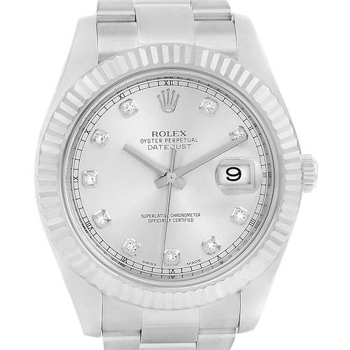 This image shows a front view of the Rolex Datejust 41 116334 Men's Stainless Steel Silver Dial 116334 Men's Stainless Steel Silver Dial watch, highlighting its dial, bezel, and bracelet.
