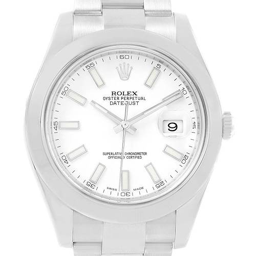 The image shows a front view of the Rolex Datejust 41 116300 Men's Stainless Steel White Dial 116300 Men's Stainless Steel White Dial watch, including its silver bezel, white dial, and bracelet.