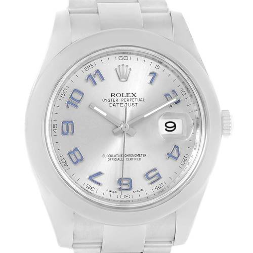 The image shows a front-facing view of the Rolex Datejust 41 116300 Men's Stainless Steel Silver Dial 116300 Men's Stainless Steel Silver Dial watch, displaying the dial, hands, date window, and part of the bracelet.