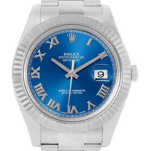 This image shows the front view of a Rolex Datejust 41 116334 Men's Stainless Steel Blue Dial 116334 Men's Stainless Steel Blue Dial watch, featuring a blue dial with Roman numerals and a date display.