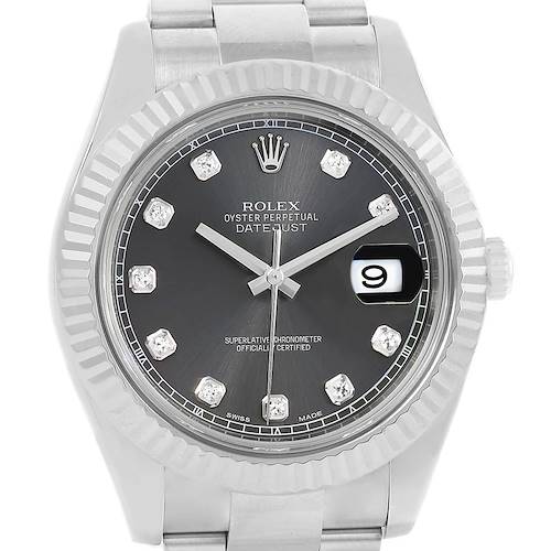 This is a front view of the Rolex Datejust 41 116334 Men's Stainless Steel Grey Dial 116334 Men's Stainless Steel Grey Dial, showing the dial, fluted bezel, and part of the bracelet.
