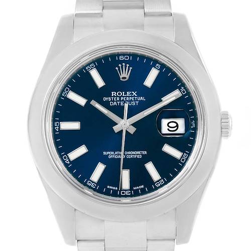 This image shows a front view of the Rolex Datejust 41 116300 Men's Stainless Steel Blue Dial 116300 Men's Stainless Steel Blue Dial watch, highlighting the face, hands, date window, and part of the bracelet.