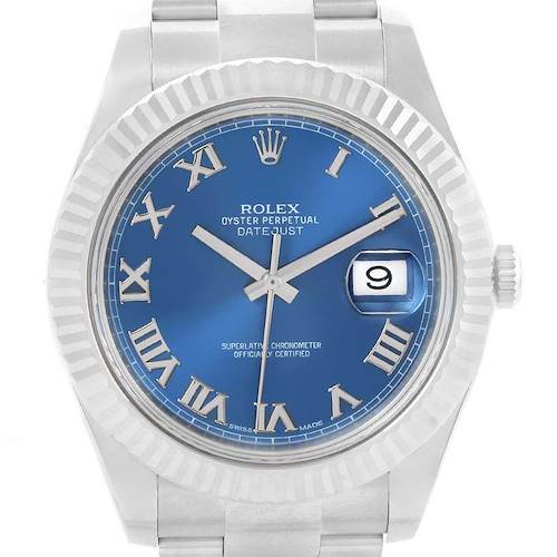 The Rolex Datejust 41 116334 Men's Stainless Steel Blue Dial 116334 Men's Stainless Steel Blue Dial watch is shown from a front angle, highlighting its blue dial, Roman numerals, and date display.