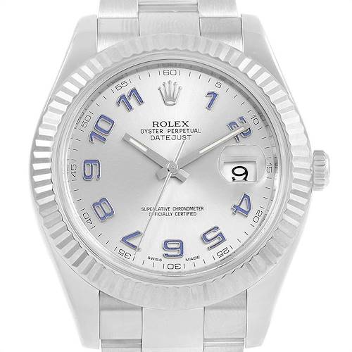 The Rolex Datejust 41 116334 Men's Stainless Steel Grey Dial 116334 Men's Stainless Steel Grey Dial watch is shown from a front angle, highlighting its dial, bezel, crown, and part of the bracelet.