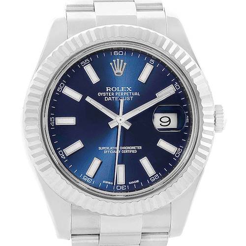 This image shows a front view of the Rolex Datejust 41 116334 Men's Stainless Steel Blue Dial 116334 Men's Stainless Steel Blue Dial watch, highlighting its blue dial, fluted bezel, and date window.