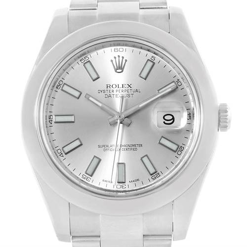 This image shows a close-up view of the face, dial, and bezel of the Rolex Datejust 41 116300 Men's Stainless Steel Silver Dial 116300 Men's Stainless Steel Silver Dial watch.