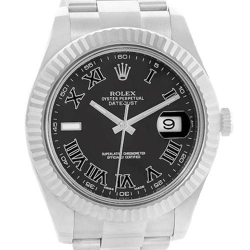 The image shows a front view of the Rolex Datejust 41 116334 Men's Stainless Steel Grey Dial 116334 Men's Stainless Steel Grey Dial model, featuring its black dial, Roman numerals, fluted bezel, and date window at 3 o'clock.