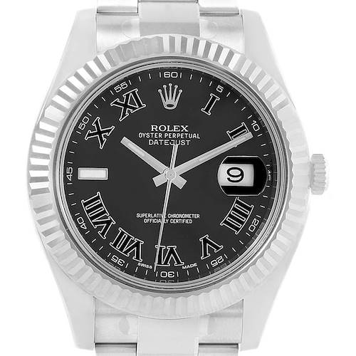 This image shows a front view of the Rolex Datejust 41 116334 Men's Stainless Steel Grey Dial 116334 Men's Stainless Steel Grey Dial watch, highlighting the black dial, Roman numerals, and fluted bezel.