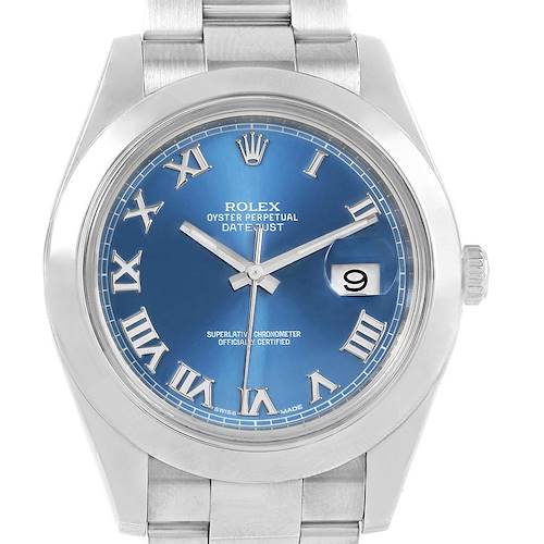 The Rolex Datejust 41 116300 Men's Stainless Steel Blue Dial 116300 Men's Stainless Steel Blue Dial watch is shown from the front angle, highlighting the blue dial, Roman numeral markers, date window, and part of the bracelet.
