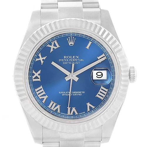 The image shows a frontal view of the Rolex Datejust 41 116334 Men's Stainless Steel Blue Dial 116334 Men's Stainless Steel Blue Dial watch with a blue dial displaying Roman numerals and a date window at 3 o'clock.