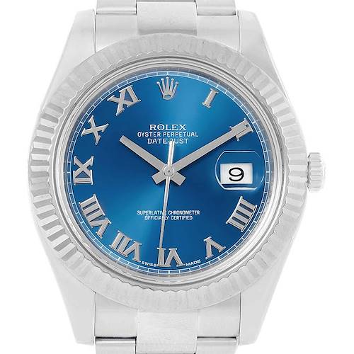 This image shows a front view of a Rolex Datejust 41 116334 Men's Stainless Steel Blue Dial 116334 Men's Stainless Steel Blue Dial watch, highlighting its blue dial, Roman numerals, and date window.