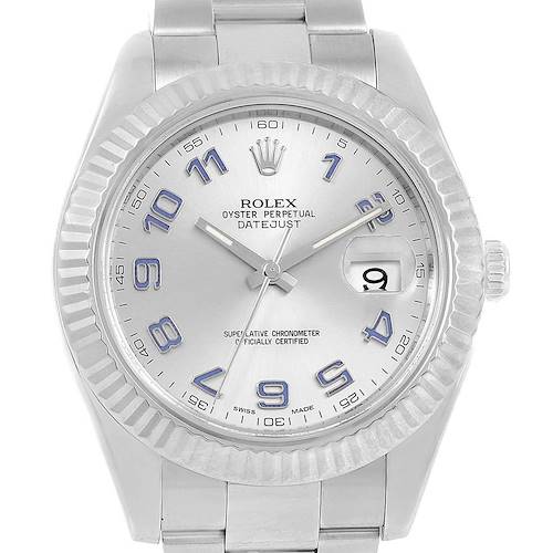 This image shows a frontal view of the dial, bezel, and part of the bracelet of a Rolex Datejust 41 116334 Men's Stainless Steel Grey Dial 116334 Men's Stainless Steel Grey Dial watch.