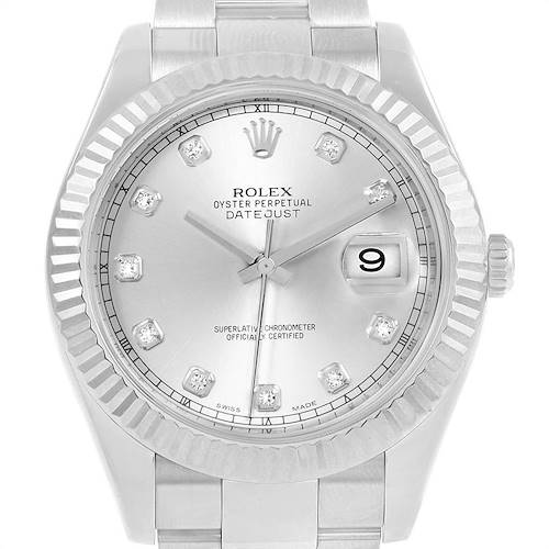 This image shows a front view of the Rolex Datejust 41 116334 Men's Stainless Steel Silver Dial 116334 Men's Stainless Steel Silver Dial watch, highlighting the watch face, bezel, and bracelet.