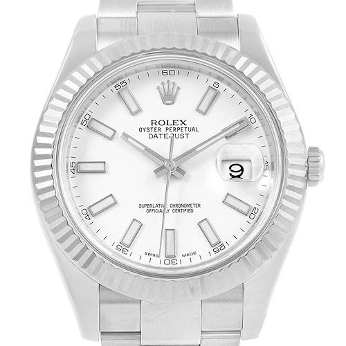 This image shows a Rolex Datejust 41 116334 Men's Stainless Steel White Dial 116334 Men's Stainless Steel White Dial watch from a front angle, highlighting the dial, hands, date display, and part of the bracelet.