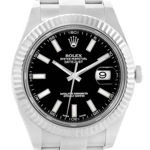 The image shows a frontal view of the Rolex Datejust 41 116334 Men's Stainless Steel Black Dial 116334 Men's Stainless Steel Black Dial watch, highlighting the black dial, fluted bezel, and date window.