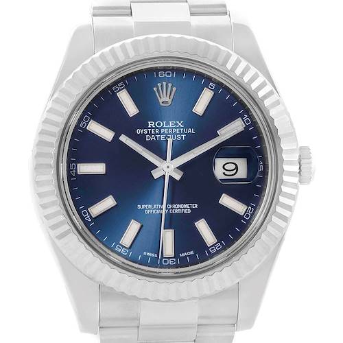 The image shows a front view of a Rolex Datejust 41 116334 Men's Stainless Steel Blue Dial 116334 Men's Stainless Steel Blue Dial watch, highlighting its face, hands, bezel, and bracelet.