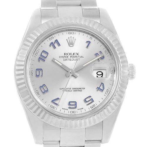 The image shows a frontal view of the Rolex Datejust 41 116334 Men's Stainless Steel Grey Dial 116334 Men's Stainless Steel Grey Dial watch, highlighting the face, bezel, and part of the bracelet.