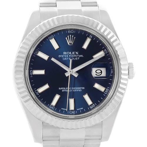 The image shows a front view of the Rolex Datejust 41 116334 Men's Stainless Steel Blue Dial 116334 Men's Stainless Steel Blue Dial watch, highlighting the blue dial, fluted bezel, and date window.